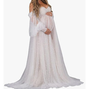 MATERNITY GOWN sz L white pearl off shoulder tulle photo pregnancy dress NEW B19